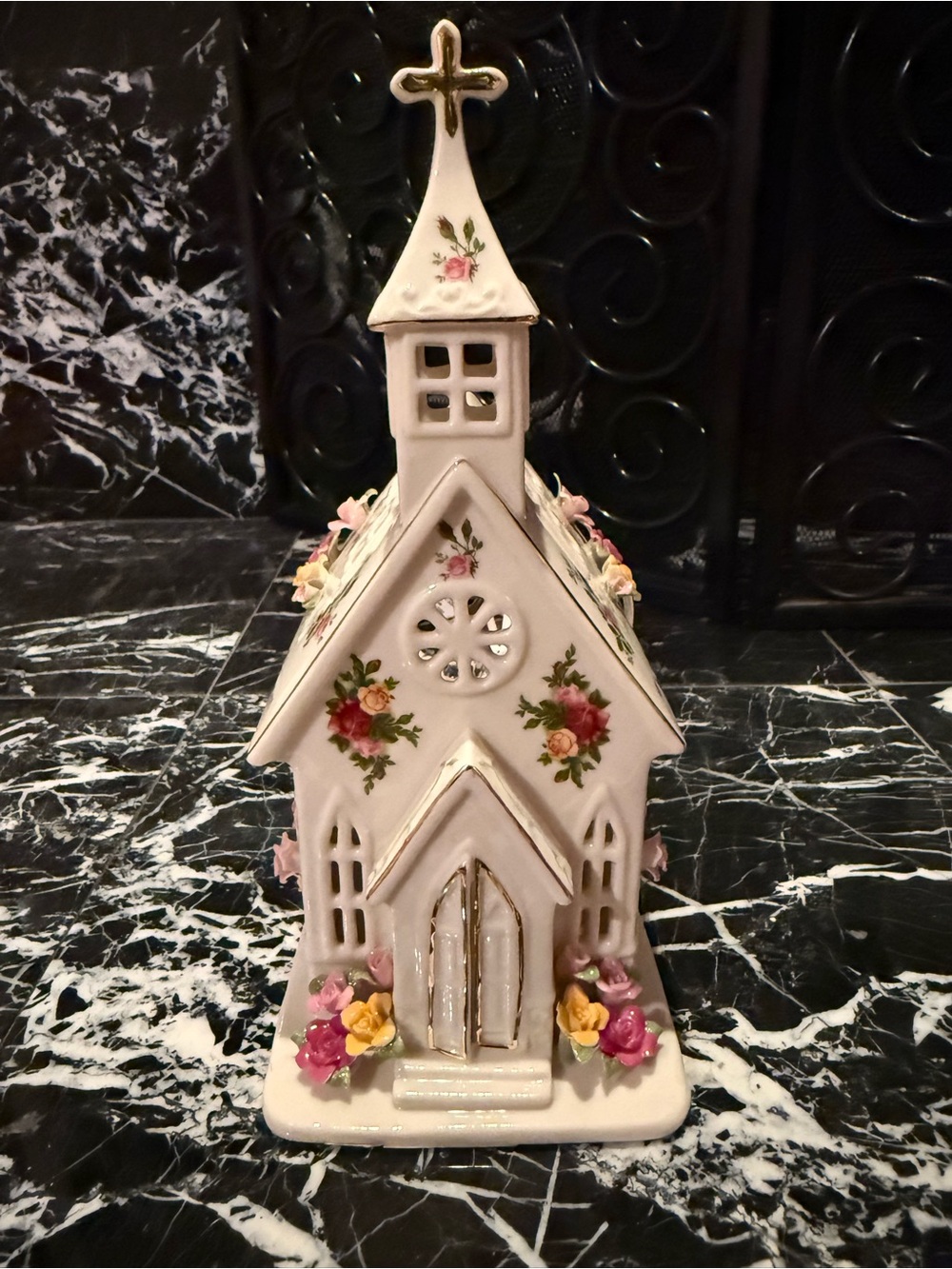 Royal Albert White Porcelain Church Figurine with Pink and Yellow Floral Accents